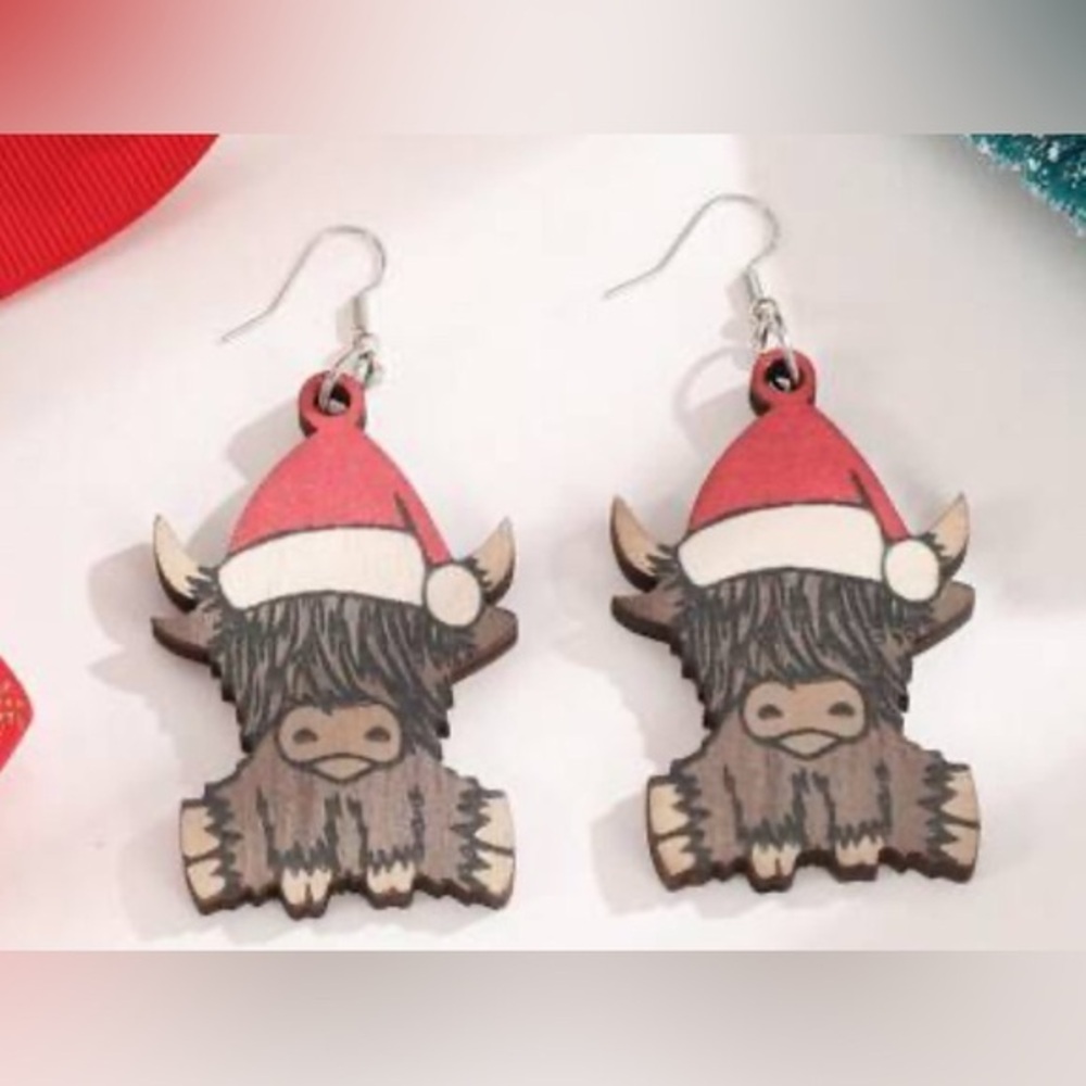 NWT - Highland Cow with Santa Hat wooden dangle earrings set for Christmas